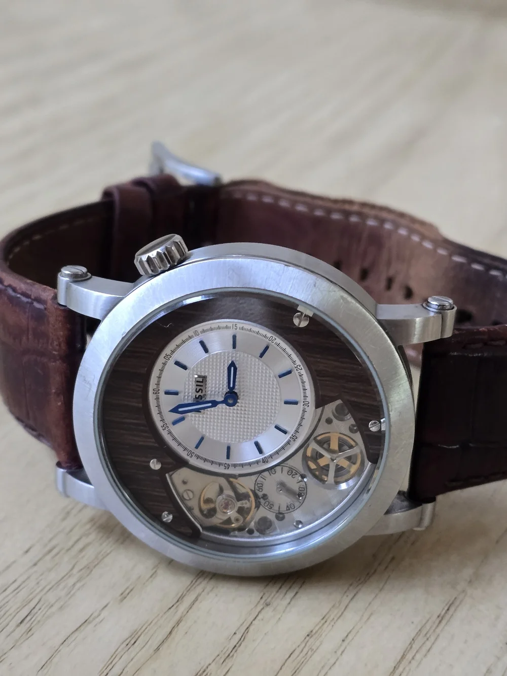 Fossil Men's Brown Leather Automatic Watch with Silver Case